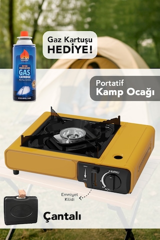 Portatif Kamp Ocağı - Taşıma Çantalı Gazlı Stop Emniyetli Sarı Kamp Ocağı Ve 1 Adet 227 Gr Kartuş Sarı