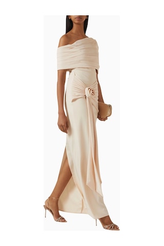 Ac By Aanchal Chanda Off - Shoulder Rose Drape Gül Drapeli Omuz Dekolteli Uzun Kadın Elbise Bej