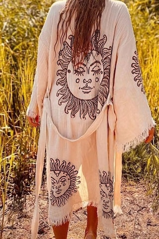 Karakalem Astroloji Güneş Desenli Kemerli Püsküllü Doğal Kumaşlı Bohem Sahil Kimono Kaftan Bej Bej