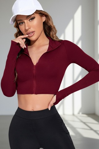 Epilons Zenvial Kadın Bordo Uzun Kol Fermuarlı Parmak Geçme Detaylı Dik Yaka Crop Top Bluz Zenviall2