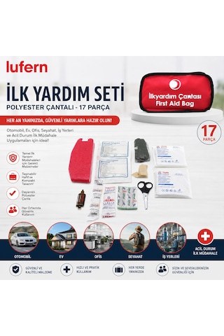 İlk Yardım Seti Polyester Çantalı 17 Parça Gazlı Bez Sargı Yara Bandı Makas Çanta Ev Ofis Acil Durum