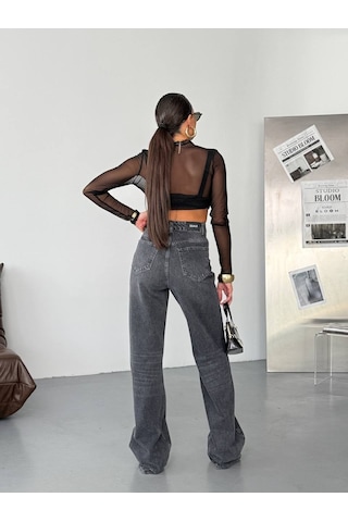 Herton Kadın Antrasit Yüksek Bel Wide Leg Jean Pantolon - %100 Pamuk Denim Koyu Gri