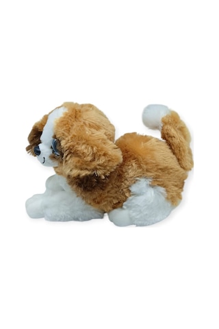 Sesli Peluş Yatan Köpek 25 Cm - Kahve Beyaz Çok Renkli