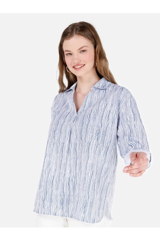 Colins Regular Fit Shirt Yaka Roll-up Kol Çizgili Beyaz Kadın Uzun Kol Gömlek Cl1069201 Q1.v1 Ofw Beyaz