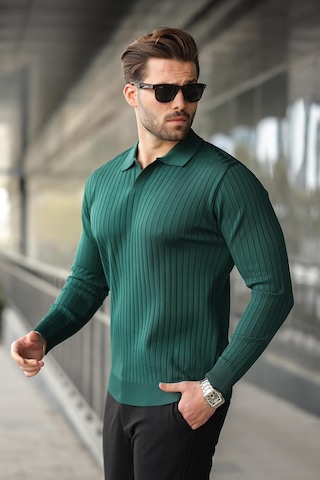 Madmext Yeşil Polo Yaka Çizgili Uzun Kollu Kazak 7239 Yeşil