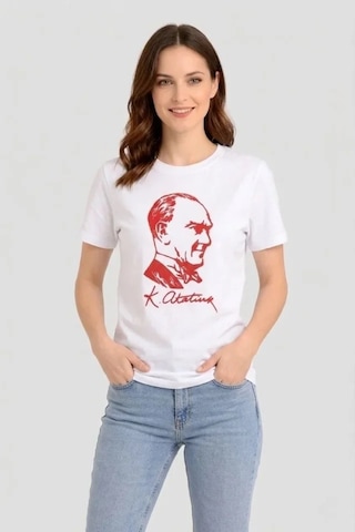 Modi Atatürk Baskılı Tişört Kısa Kollu Bisiklet Yaka T-shirt - Beyaz