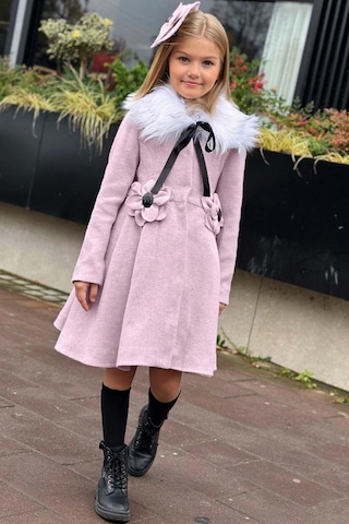 Riccotarz Kız Çocuk Kürk Yakalı Önü Çiçek Ve Elmas Taş Detaylı Pudra Kaşe Pudra
