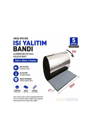 Araç Oto Ses Isı Yalıtım Bandı 3mm X 30cm X 5 Metre Alüminyum Folyolu Kauçuk İzolasyon Bantı
