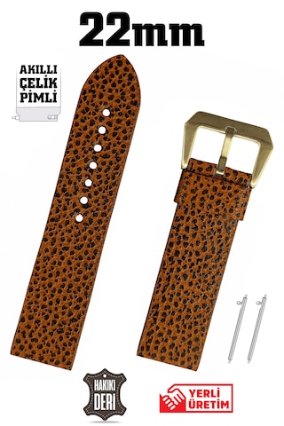 22mm Kahverengi Leopar Desenli Spor Hakiki Deri Saat Kordonu Kayış Akıllı Pimli Gümüş Toka Gold