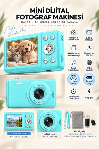 Mimtec Blm-105 102 Mini Dijital Fotoğraf Makinası - 2.8" Hd Ekran 12 Farklı Dil Seçenekli Dijital Video Kamera Mavi
