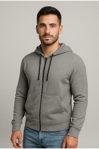 Axxel Erkek Gri 2 İplik Fermuarlı Kapüşonlu Sweatshirt-w1084 Gri