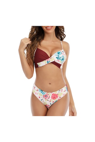 Geeroyoo Kadın Bikini Takımı - Ayarlanabilir Askılı, Desenli, Asya Bedeni L Kırmızı Burgonya