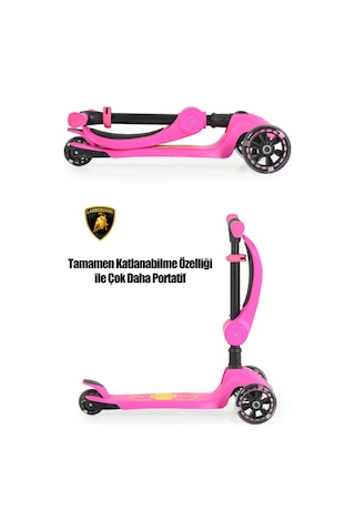 Lamborghini Lisanslı L5 2in1 Katlanabilir Oturaklı Işıklı 3 Tekerlekli Çocuk Scooter Pembe