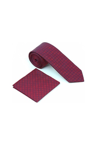 Brianze Bordo Lacivert Kare Desen Kravat Mendil Set Bordo