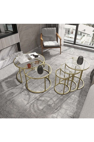 Dekoport Milas Mat Gold Orta Ve Zigon Sehpa Seti - Şeffaf Cam Gold