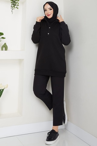 Esilanur Çıkarılabilir Kapüşonlu 3 İplik Şardonlu Sweatshirt Siyah