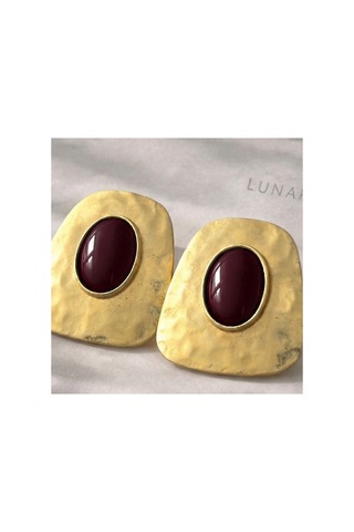 Lunarie Koyu Bordo Taşlı Çelik Gold Plakalı Küpe Kararmaz Vintage Altın