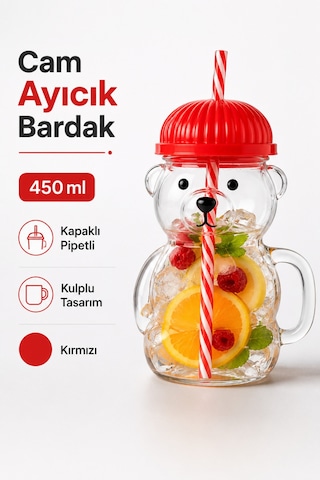 Sihirli Cam Ayıcık Bardak 450 Ml Kapaklı Pipetli Cam Kupa Ayı Figürlü İçecek Bardağı Kırmızı