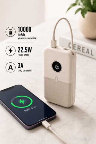 10000mah Powerbank 22.5w Hızlı Şarjlı Taşınabilir Şarj Cihazı Dahili Kablolu Krem