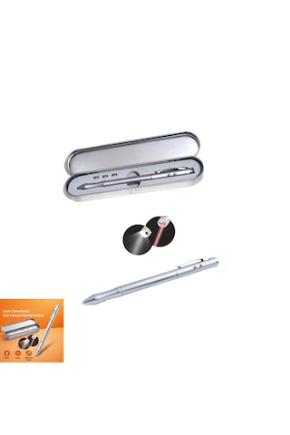 Metal Kutulu Kırmızı Lazerli, Beyaz Led Işıklı Pointer İşaretçi Kalemi Metal Tükenmez Kalem Gümüş