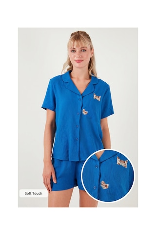 Lela Gömlek Yaka Beli Lastikli Kısa Kollu Şortlu Bayan Pijama Takımı 611Pt00123 Mavi