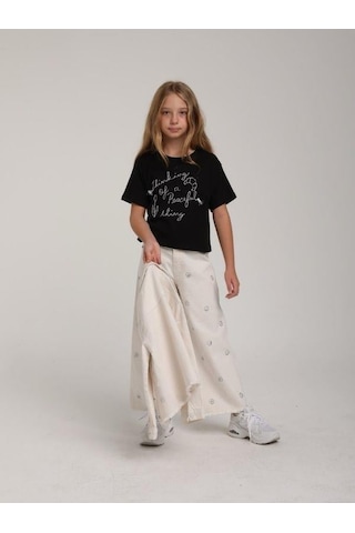 Escabel Kız Çocuk Pamuklu Yuvarlak Yaka Yarım Kol Simli T-shirt-15662 Siyah