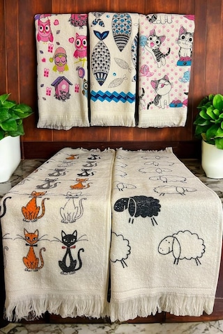 5'li Saçaklı Pamuklu Baskılı Havlu Seti 40x60 Cm El Yüz Mutfak Havlusu Yumuşak Desenli Su Emici Set 5 Li Set 3 Çok Renkli