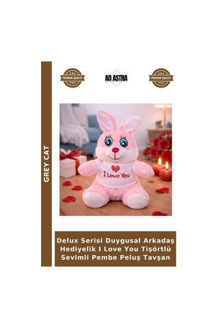 Delux Serisi Duygusal Arkadaş Hediyelik I Love You Tişörtlü Sevimli Pembe Peluş Tavşan Çok Renkli