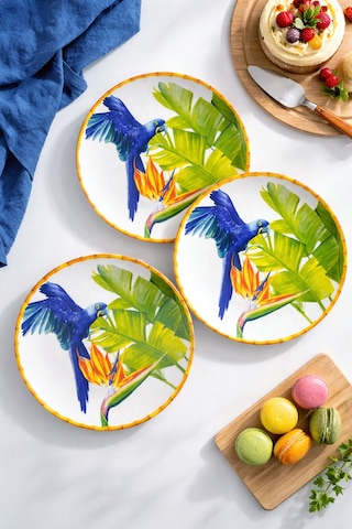 Grandora Tropikal Kuş Desenli Pasta Veya Tatlı Tabağı 6 Adet, 20 Cm Modern Ve Lüks Sunum Tabak Çok Renkli