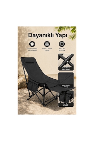 Katlanır Kamp Sandalyesi, Oturma Veya Uzanma Pozisyonunda Kullanılabilir, Çok Pozisyonlu Ayarlanabilir, Siyah.