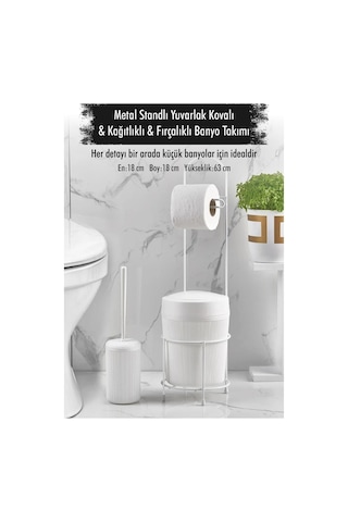 Metal Standlı Yuvarlak Kovalı & Kağıtlıklı & Fırçalıklı Beyaz Banyo Takımı Çok Renkli