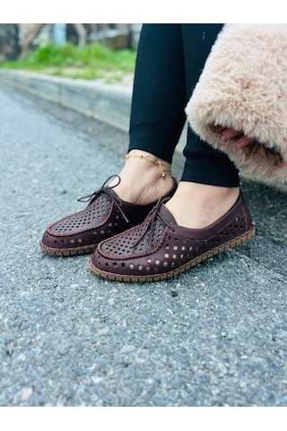 Dabab Shoes Vırena Kadın Acı Kahve Hakiki Deri File Bağcıklı Düz Taban Yazlık Babet Loafer Ayakkabı Kahverengi