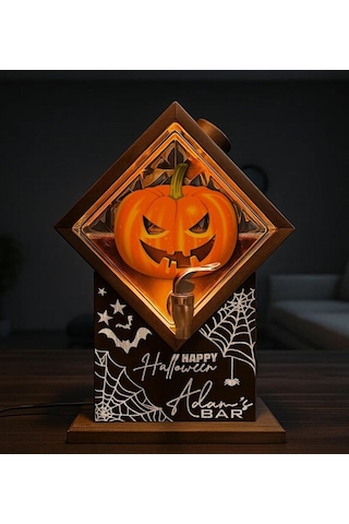 Bk Gift Kişiye Özel Halloween Tasarımlı Viski Çeşmesi Led Işıklı Ve Balkabağı Oymalı Tasarımlı Özel İsimli Cadılar Bayramı Ahşap Viski Çeşmesi Kobit Renkli