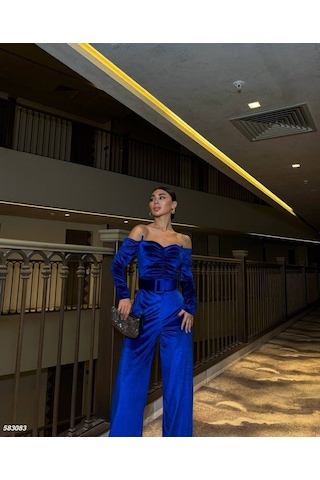 Modasize Kadın Modanna Yaka Zincir Askı Detay Kemer Dahil Kadife Kumaş Tulum Mavi