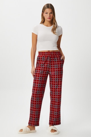 Ritnice Kadın Teddi Ultra Yumuşak Cepli Kırmızı Ekose Desen Yılbaşı Pijama Altı Koyukırmızı Koyu Kırmızı