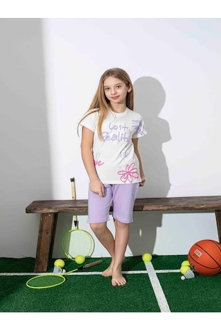 Kız Çocuk Desenli Lila Şortlu Pijama Takımı-1258 Lila