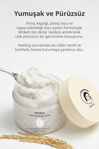 Midha Rice Salt Tuz ve Pirinç İçeren Arındırıcı Vücut Peeling 350 ML
