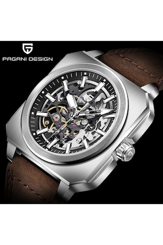 Pagani Design Pd-1791 Erkek 42mm Su Geçirmez By-9020 Otomatik Mekanik Saat Safir Kristal Işıklı Spor Saat Gümüş Siyah Diğer