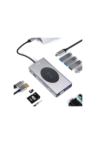 Yerleştirme İstasyonu Usb C Hub 13'ü 1 Arada Kablosuz Şarj İstasyonu, Usb C - Hdmı, Ethernet, Vga, 5 Usb Ve Sd/tf,