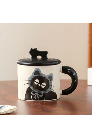 Tenfowee Kedi Desenli Seramik Bardak - Gri Renk 370ml - Dayanıklı Kahve/çay Bardağı - Ev/ofis Kullanıma Uygun Gri