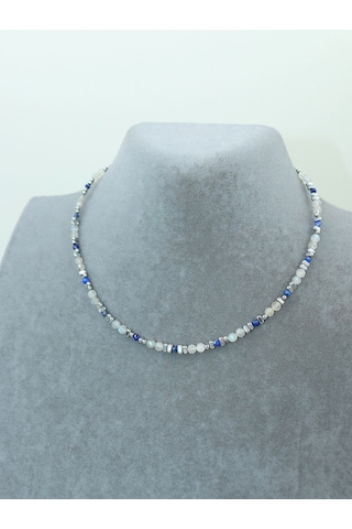 Sertifikalı Labradorit, Lapis Lazuli Ve Hematit Doğal Taşlı Çelik Kadın Kolye Gri