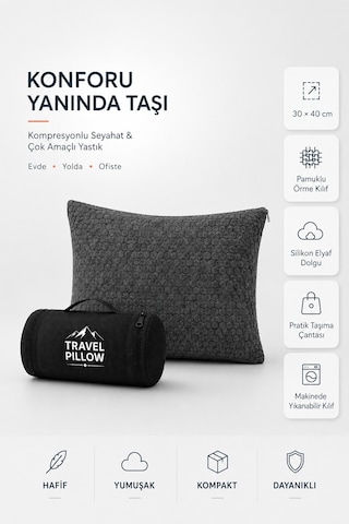Morphello Kompresyonlu Seyahat Yastığı 30x40 Cm Taşıma Çantalı, Silikon Elyaf Dolgulu, Yıkanabilir Kılıflı Çok Amaçlı Antresit