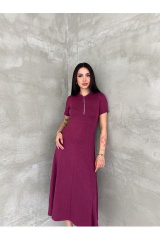 Elaxi Kadın Fermuar Detaylı Maxi Uzun Modal Elbise Mürdüm