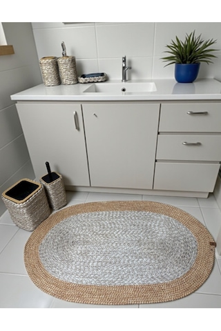 Doğal Dokulu Hasır Görünümlü 6 Parça Banyo Takımı Zarif Ve Modern Gri