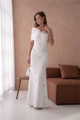Dip Moda Dipmoda Kadın Beyaz Tül Ve Taş Detaylı Abiye Elbise Dpnbs9372 Beyaz
