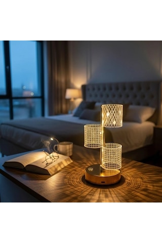 Masa Lambası 3 Parça Silindirik Kristal Ekose Kareli Led Gövdeli Dokunmatik 3 Kademe Işık Ayarlı Şarj Edilebilir Dekor Amaçlı Lamba Gold .