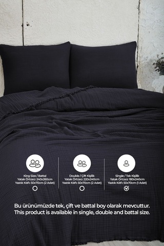 %100 Pamuk Müslin Yatak Örtüsü Tek Kişilik 4 Katlı Battaniye 2 Parça Müslin Pike Seti Siyah Siyah