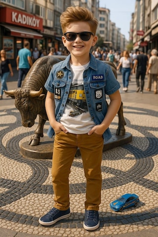 Erkek Çocuk 3'lü Takım Denim Ceket + Astronot Baskılı Tişört + Hardal Pantolon-204 Beyaz