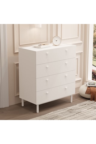 Robinhome Rhode Geniş Şifonyer 4 Çekmeceli Ahşap Ayaklı Beyaz