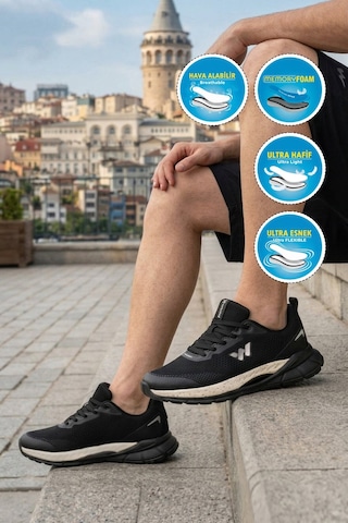 Walkway Siyah-beyaz Hafızalı Taban İthal Fileli Hafif Esnek Erkek Spor Ayakkabı Relaxon M Siyah - Beyaz